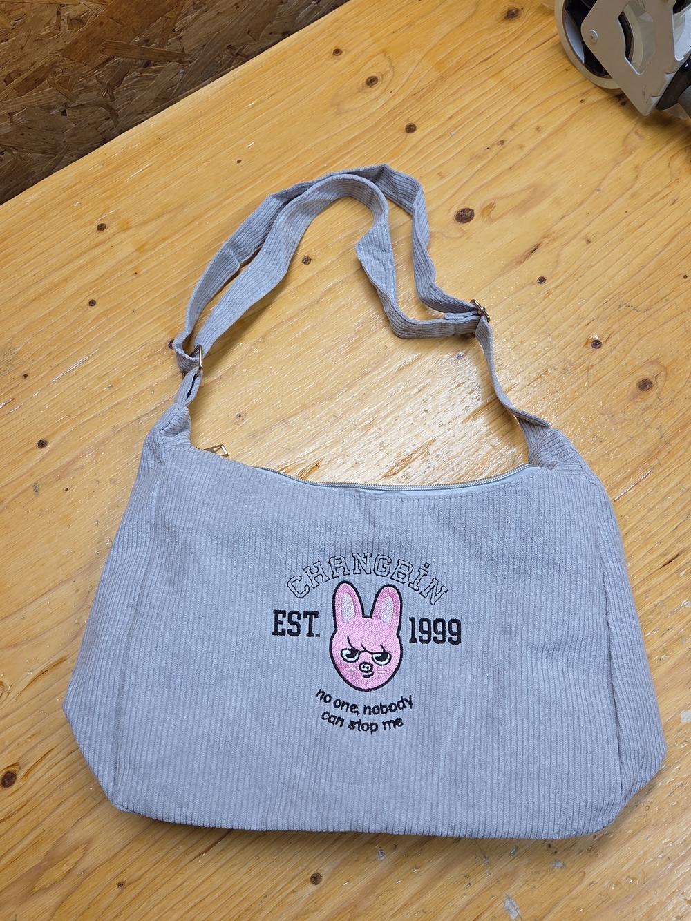 Light Gray Corduroy Shoulder Bag with Pink Bunny Embroidery Your Kpop Idol